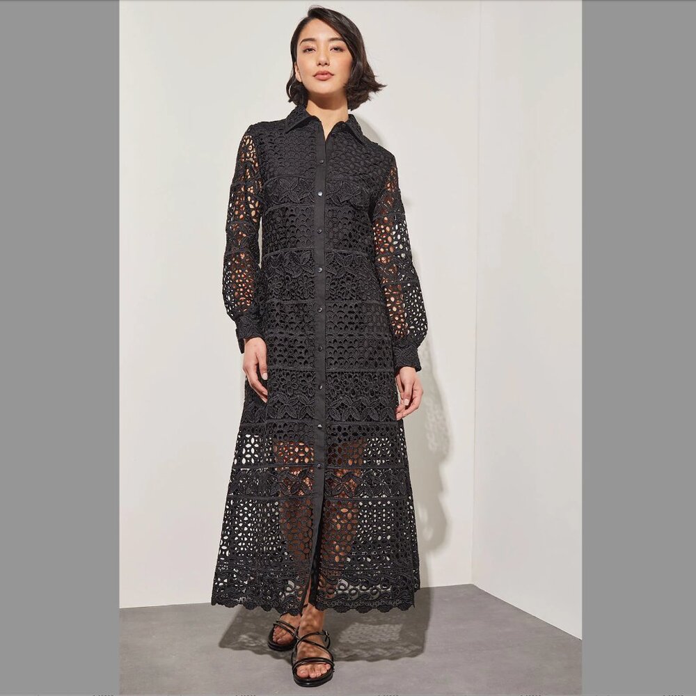 Ming Wang black Lace Button Front Maxi Dress - Shirt Collar Woven Large (XL fit)
